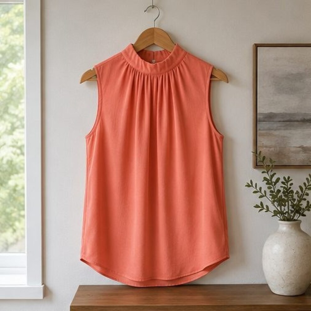 Coral Pleated High Neck Blouse